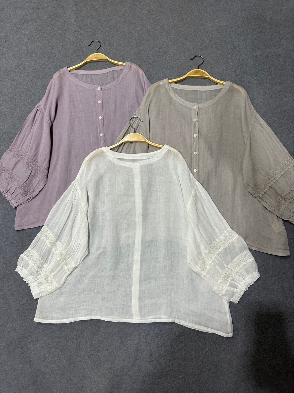Ramie Women's Loose Lantern Sleeve Round Neck Shirt