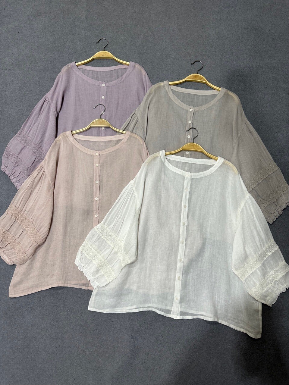 Ramie Women's Loose Lantern Sleeve Round Neck Shirt