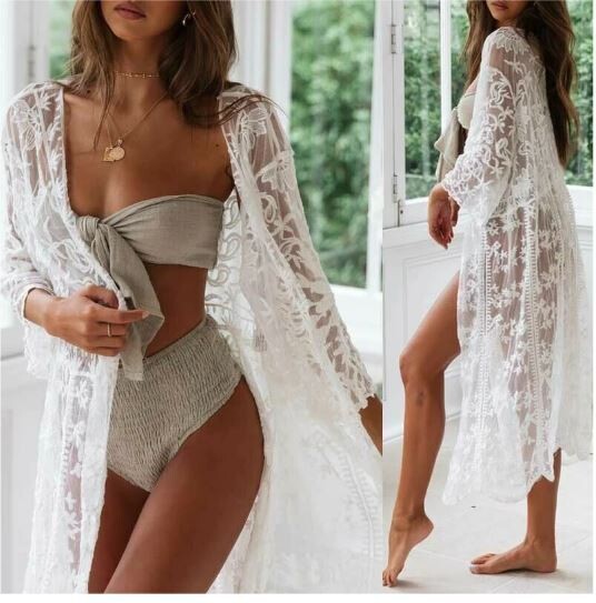 Women's Sexy Lace Floral Embroidery  Dress Solid Color Long Sleeve