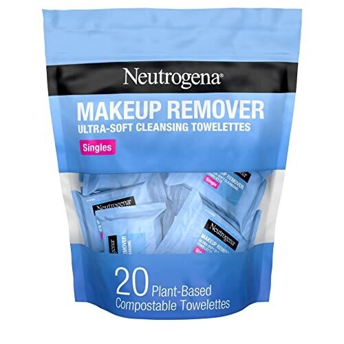 Neutrogena Makeup Remover Facial Cleansing Towelette Singles, Daily Face Wipes Remove Dirt, Oil, Makeup &amp; Waterproof Mascara, Gentle, Individually Wrapped, 100% Plant-Based Fibers, 20 ct