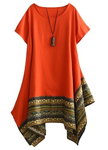 Ethnic Cotton Linen Short Sleeves Irregular Tunic Dress Orange