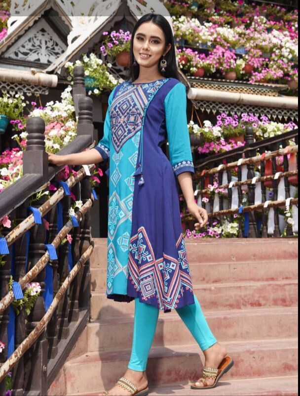 Teal Blue Linen Printed &amp; Embroidered Kurti