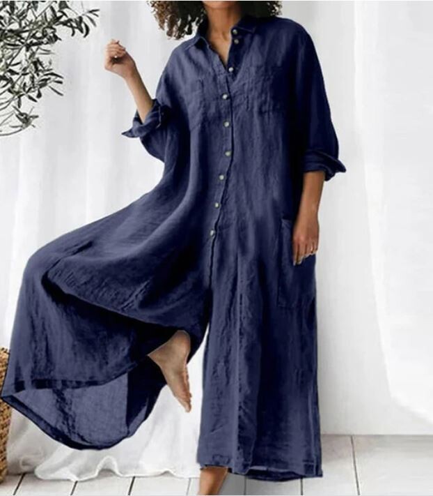 Women's Loose Stand-up Collar Long Nine-quarter-sleeved Jumpsuit