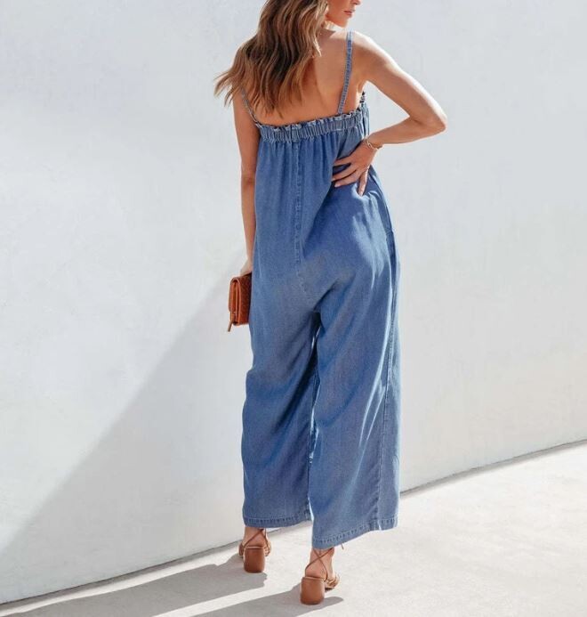 Women's Blue Denim Jumpsuit Wide Leg Pants