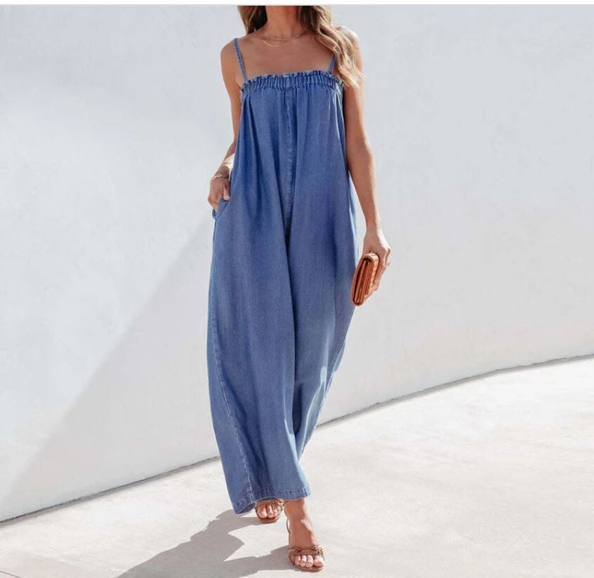 Women's Blue Denim Jumpsuit Wide Leg Pants