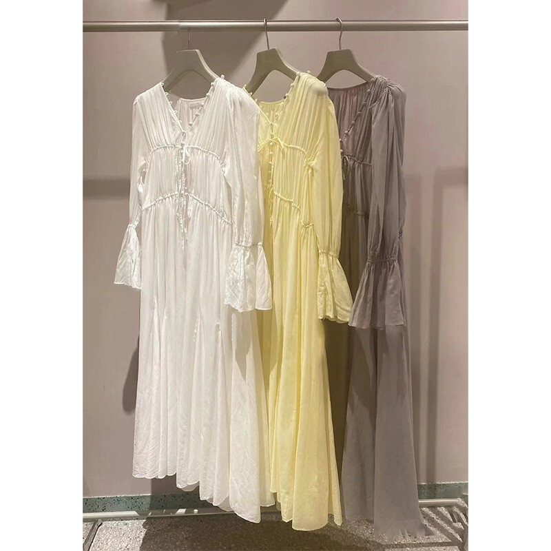 Long V-neck Trumpet Sleeve Loose Dress