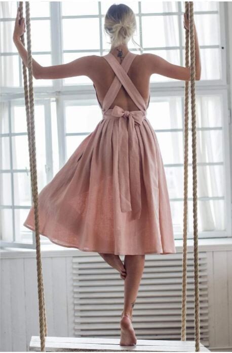 Cross Back Bow-tie /Lace Up Linen Dress