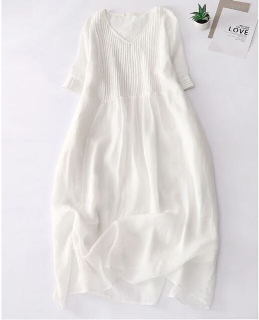 Solid color V-neck ramie dress