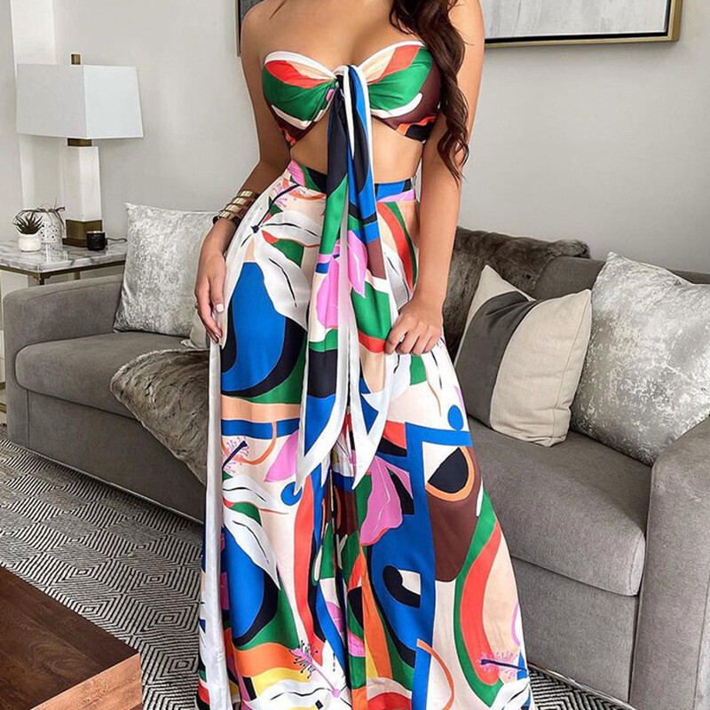 Women's Suit Strapless Tube Top With Waistband Painted High-waisted Wide-leg Pants