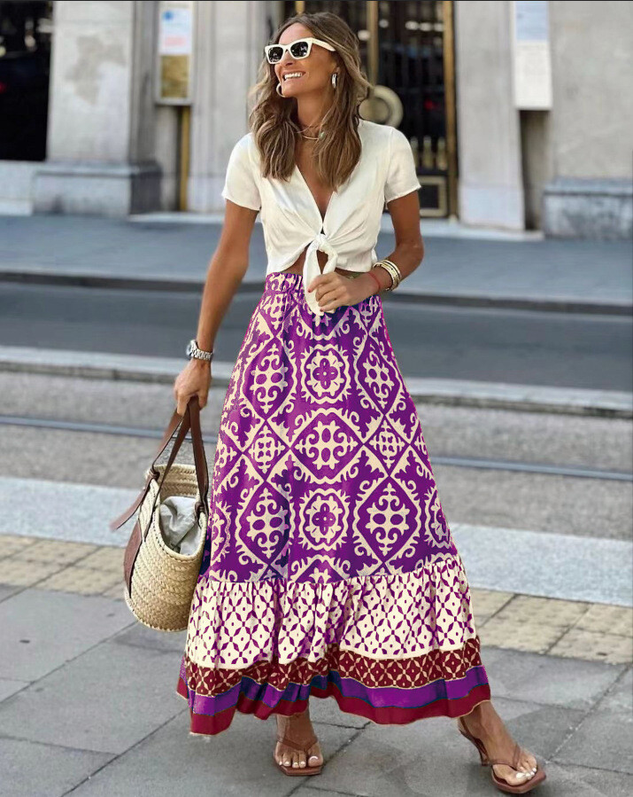 Summer New Print Loose Stitching Big Swing Skirt Women