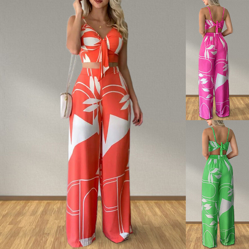 Summer Sexy Tube Top Tie Loose Wide-leg Pants Printed Set