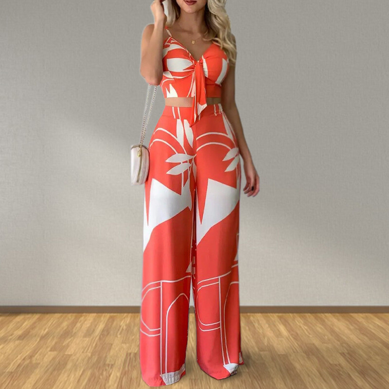 Summer Sexy Tube Top Tie Loose Wide-leg Pants Printed Set