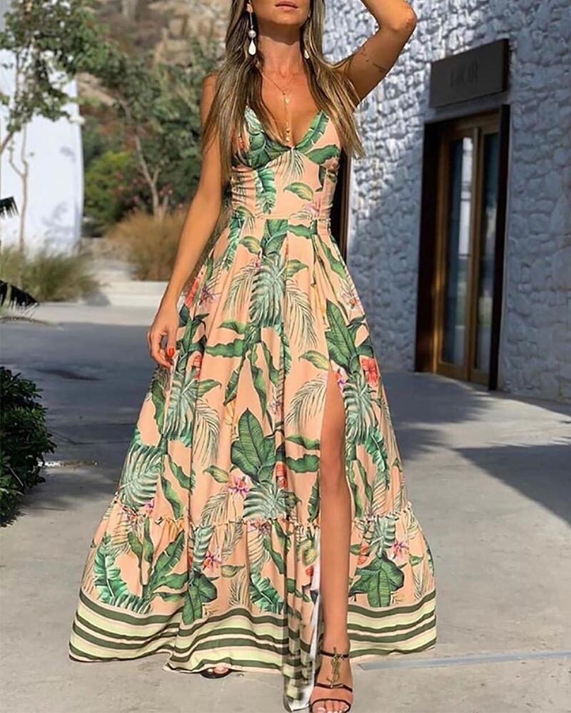 V-neck Large Skirt Maxi Dress