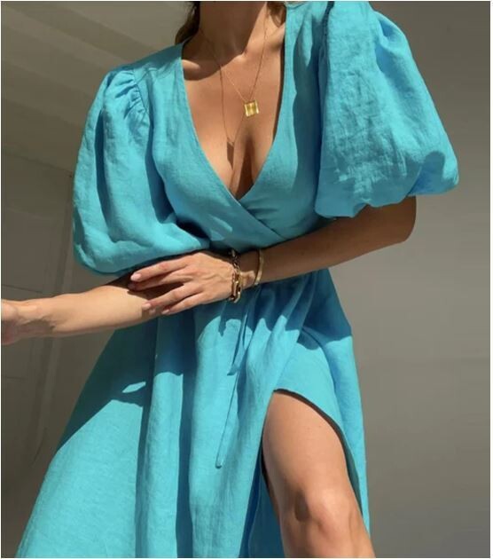 Chic Bubble Sleeves Wrap Dress
