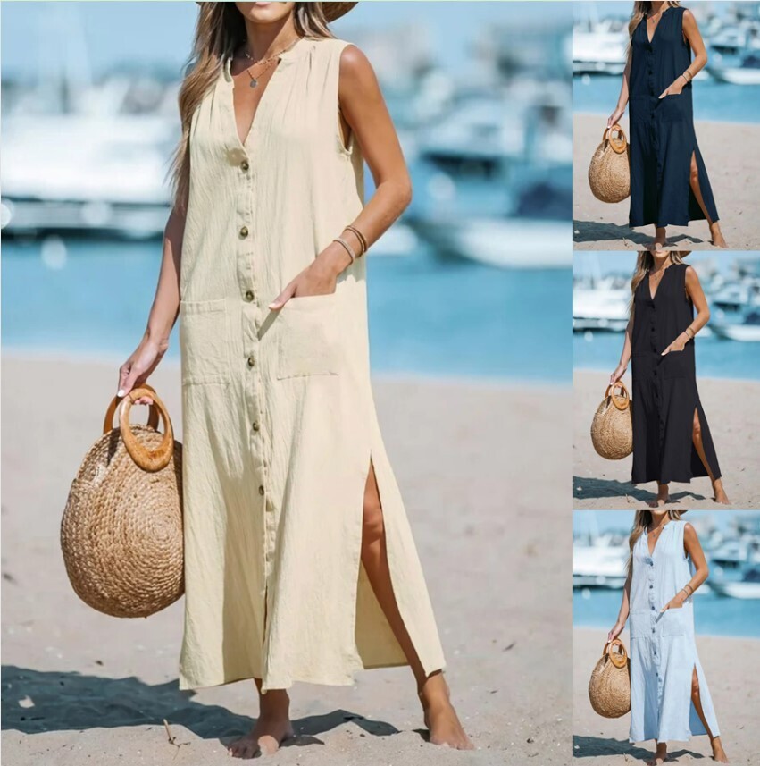 Cotton And Linen Sleeveless Solid Color Single-breasted Loose V-neck Dress