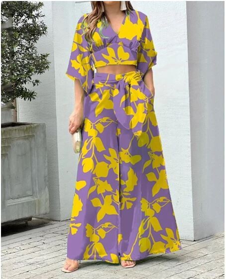 V-neck lantern sleeve two-piece set