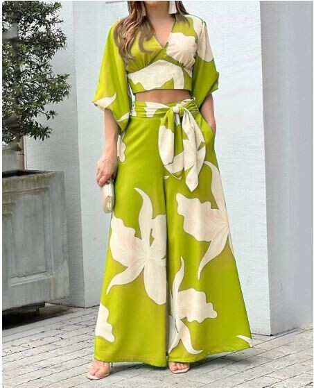 V-neck lantern sleeve two-piece set