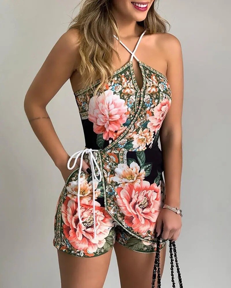 Women's Flower  Sleeveless Tight-fitting Ladies Jumpsuit