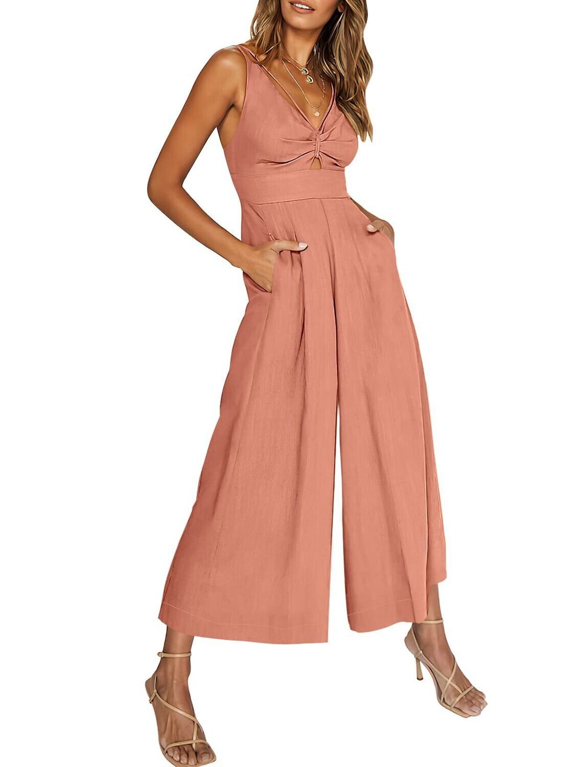 Sleeveless V-neck Hollow Shirring High Waist Wide-leg Pocket Ladies Jumpsuit