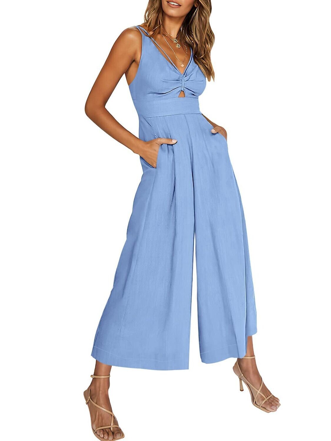 Sleeveless V-neck Hollow Shirring High Waist Wide-leg Pocket Ladies Jumpsuit