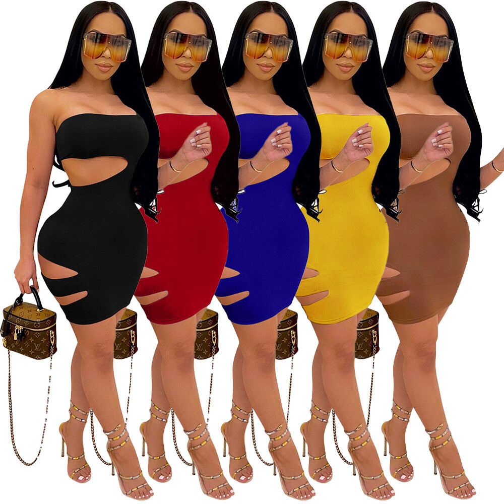 Sexy Wrapped Chest Dress, Solid Color, Side Leg Holes