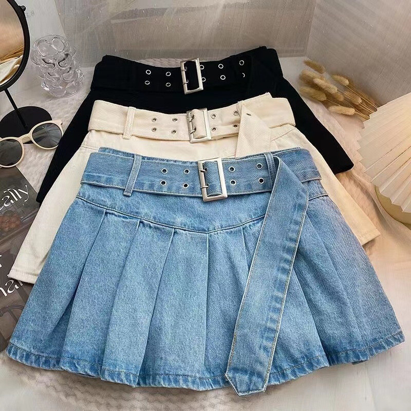 New Ruffle Edge Elastic High Waist Denim Pleated Skirt