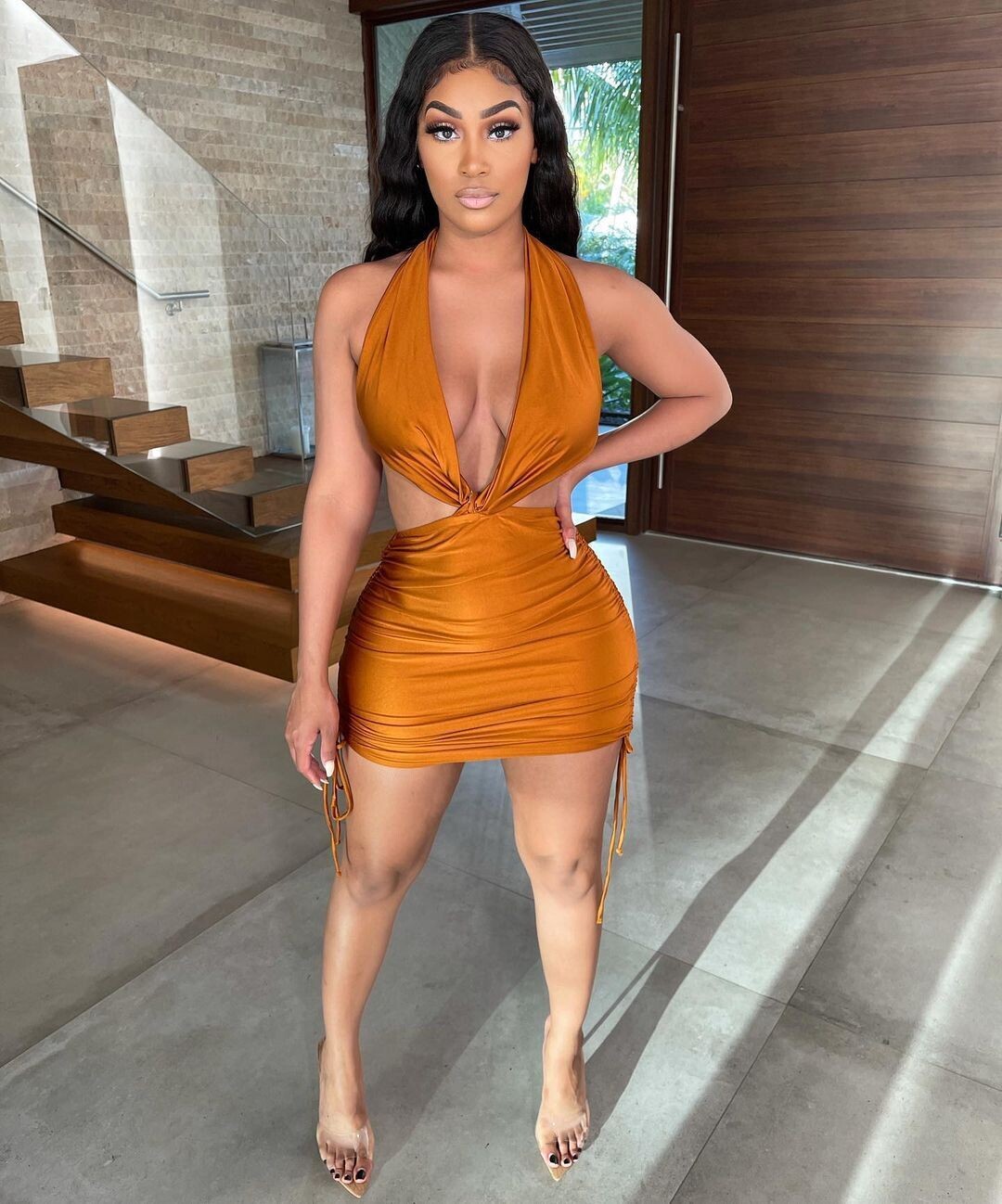 Deep V Neck Drawstring Pleated Hip Halter Dress