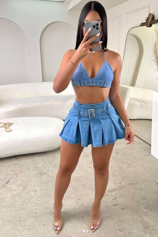 New Ruffle Edge Elastic High Waist Denim Pleated Skirt