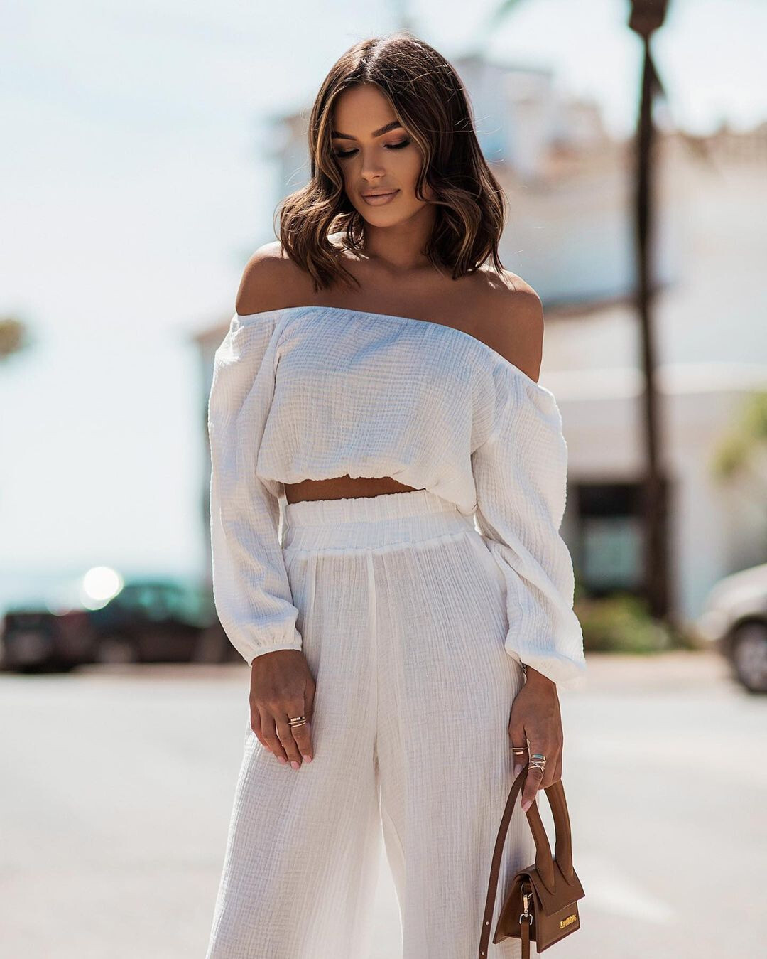Short-sleeved Off-the-shoulder Top Straight Trouser  Two-piece Set