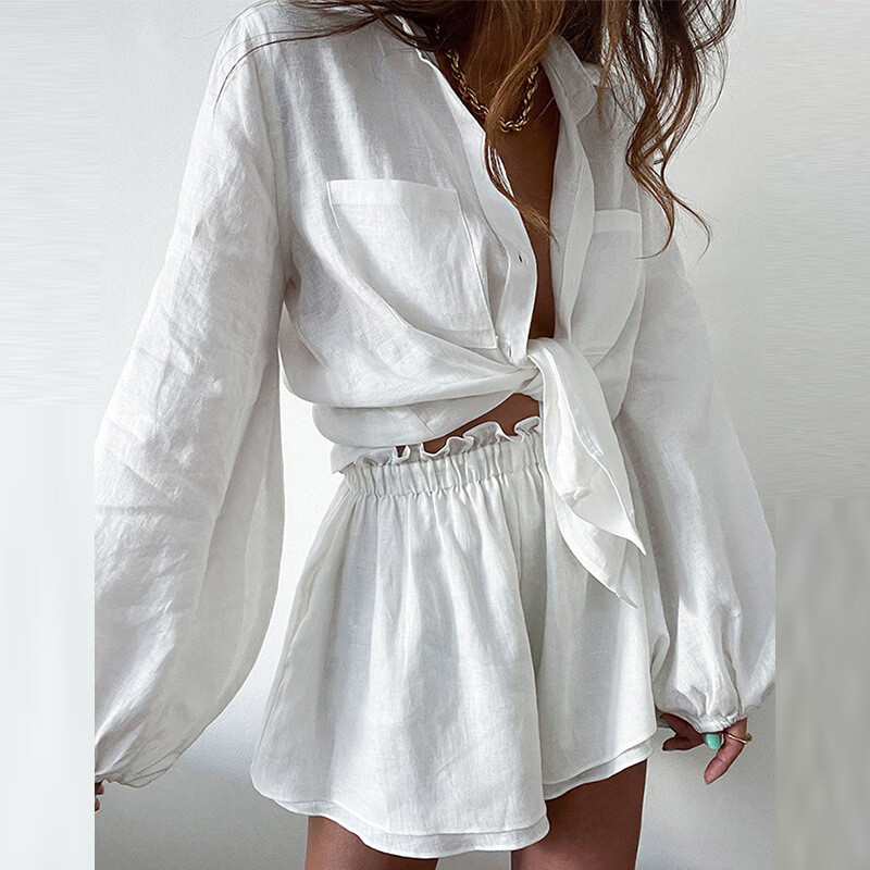 Solid Color Ruffled Shorts Shirt Set