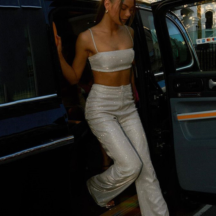 Vera Shiny Silver Silk Cropped Top and Trousers Two-piece Set