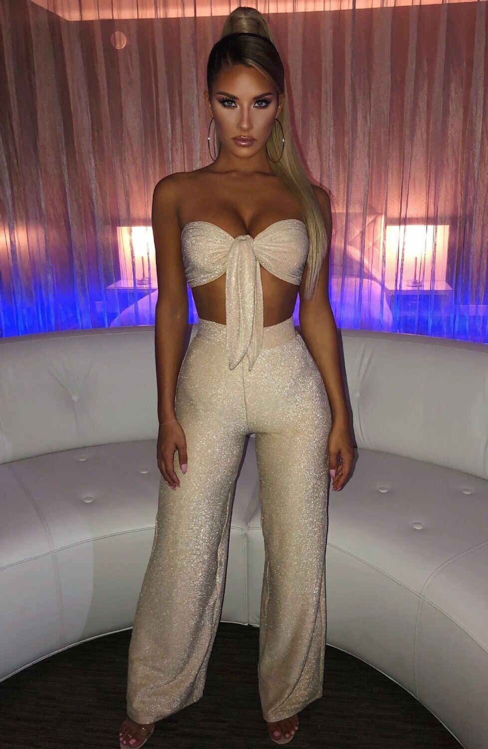 Front Chest Tied Sleeveless Top and Wide Leg Pants Set