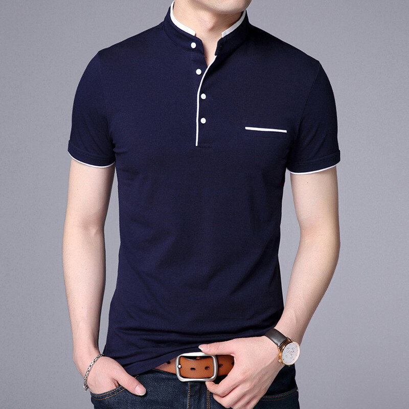 Men Round Collar Cotton Short-sleeved Shirt