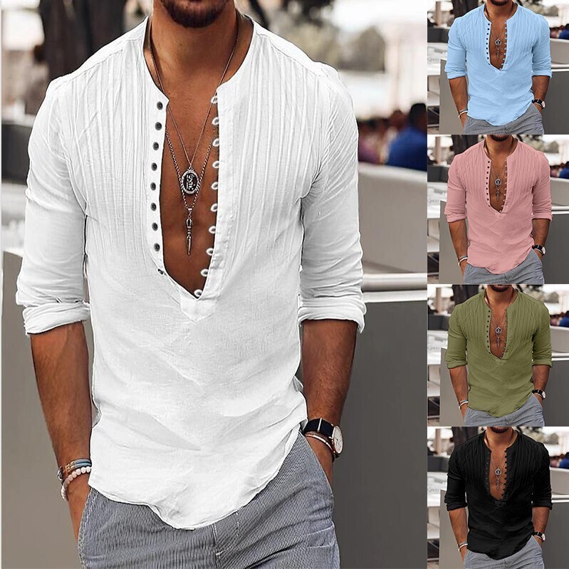 Men's Cotton Linen Casual  Round Collar  Long Sleeve Shirt