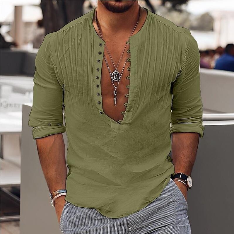 Men's Cotton Linen Casual  Round Collar  Long Sleeve Shirt