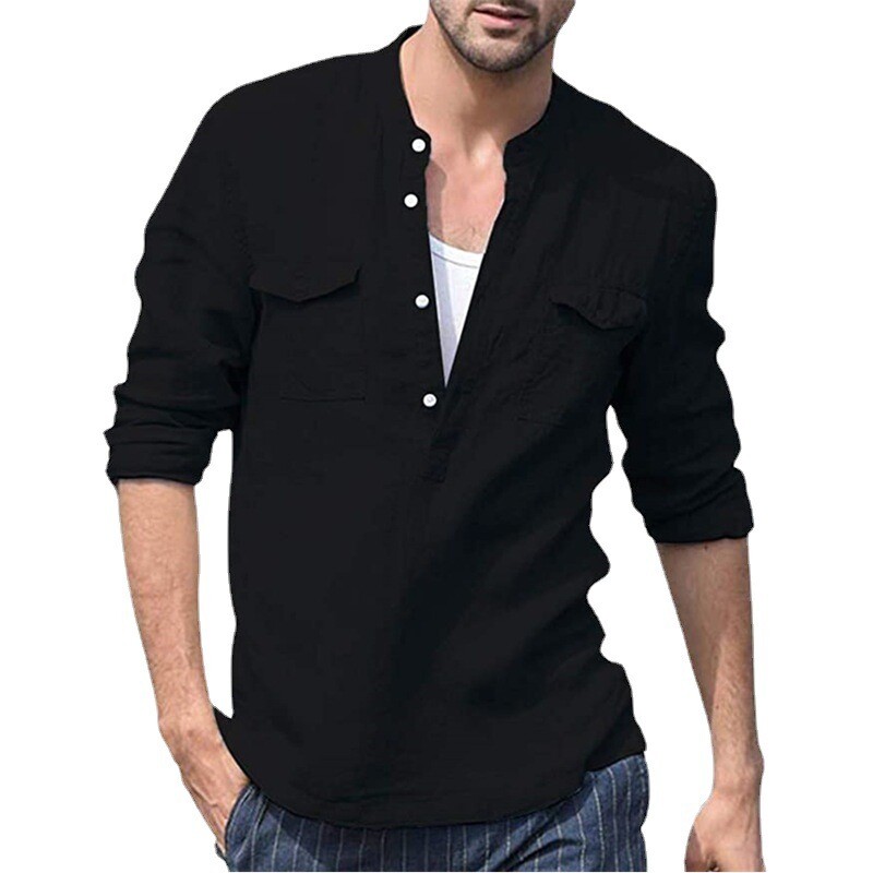 Cotton Linen Casual Long-sleeved Shirt with Pocket Details