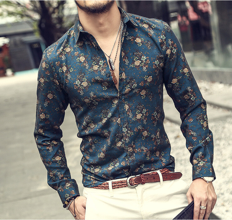 Long-sleeved Slim-fit Lapel Flower Shirt European Size