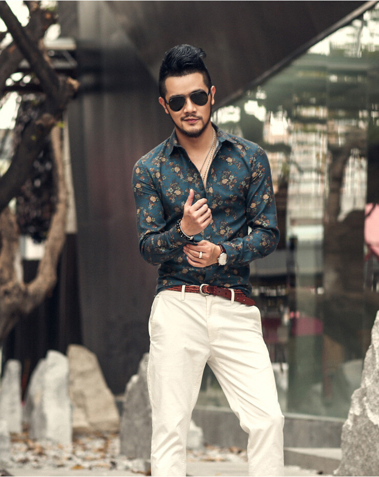 Long-sleeved Slim-fit Lapel Flower Shirt European Size