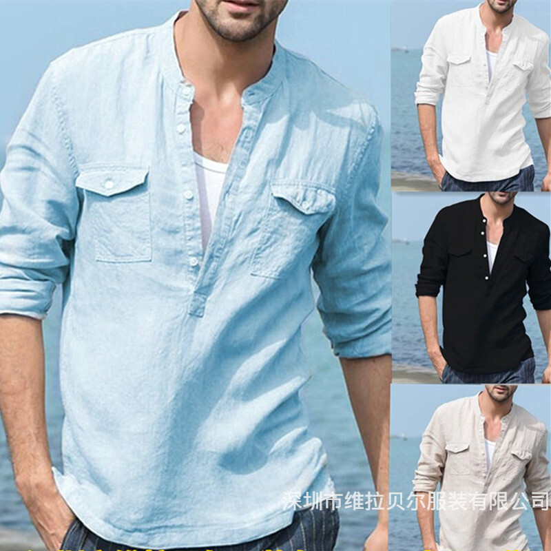 Cotton Linen Casual Long-sleeved Shirt with Pocket Details