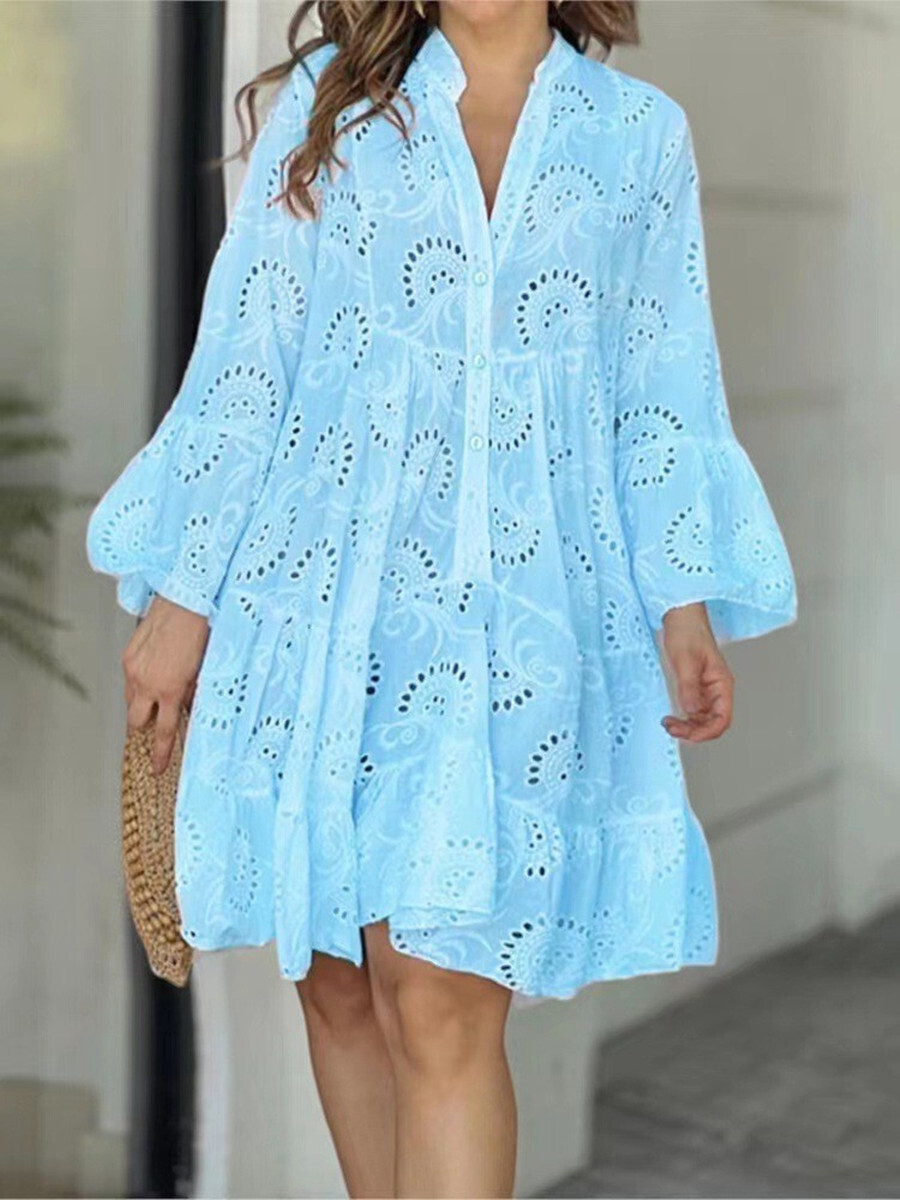 V-neck Loose Layered Sleeves Embroidered  Dress