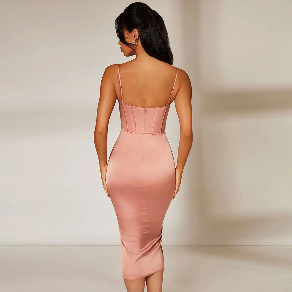 Midi Corset Dress With Fishbone Bustier and Spaghetti Straps