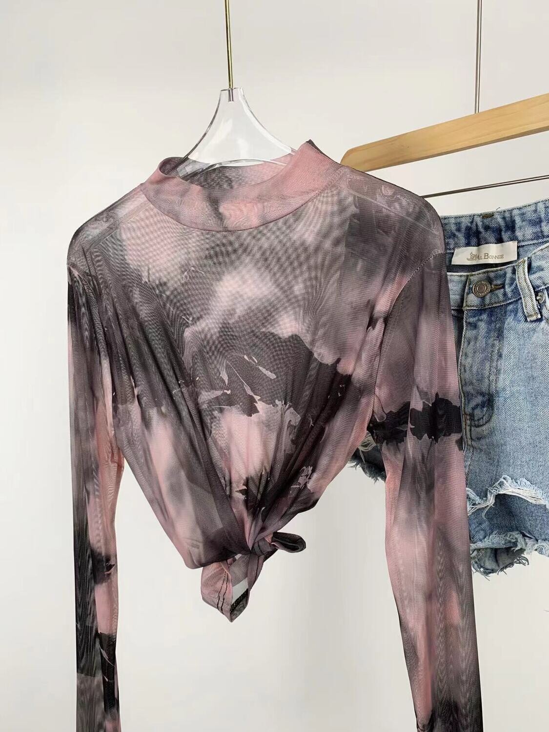 Sweet And Spicy Gray Tie-dye Mesh Top