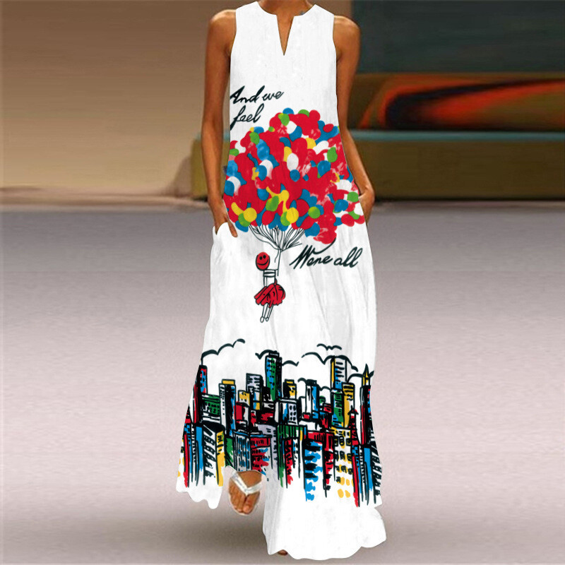 Sexy Long Dress V-neck Sleeveless with Pocket  S to 5XL