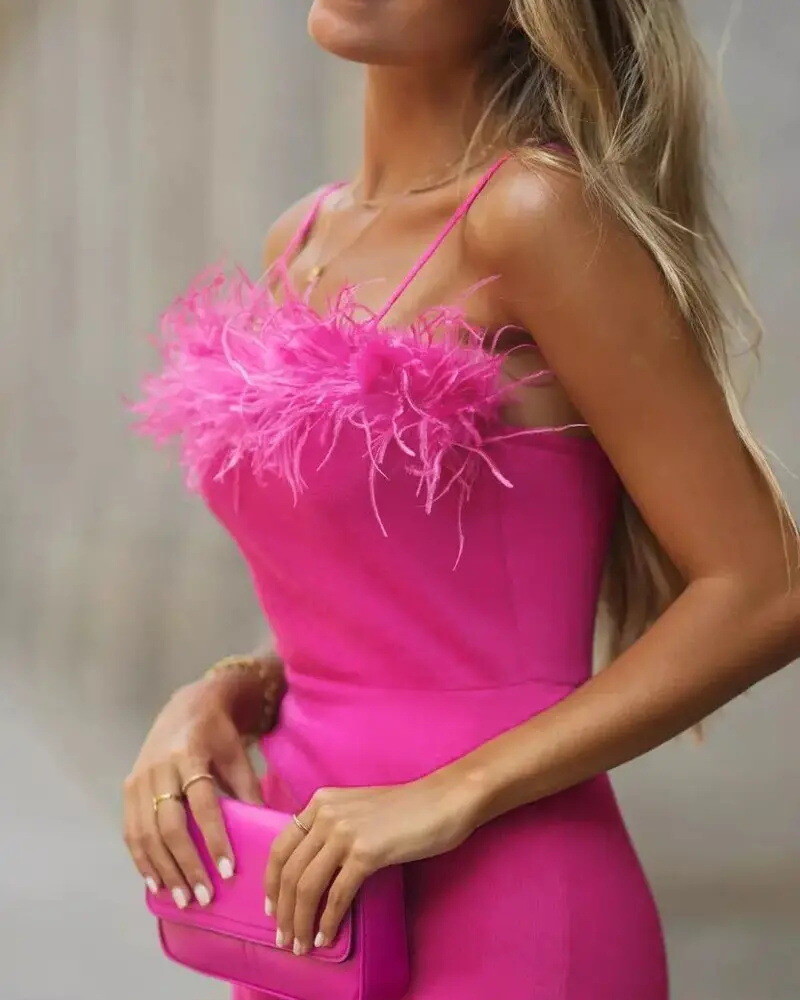 Feather Trim High Slit Dress