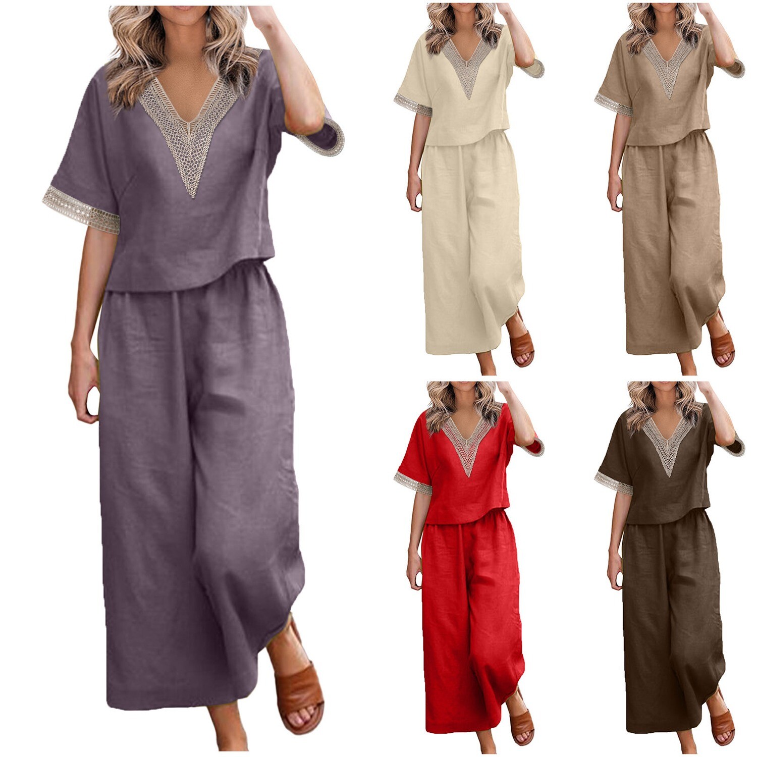 Loose Cotton Linen Lace  Shirt and Trousers Two-piece Set