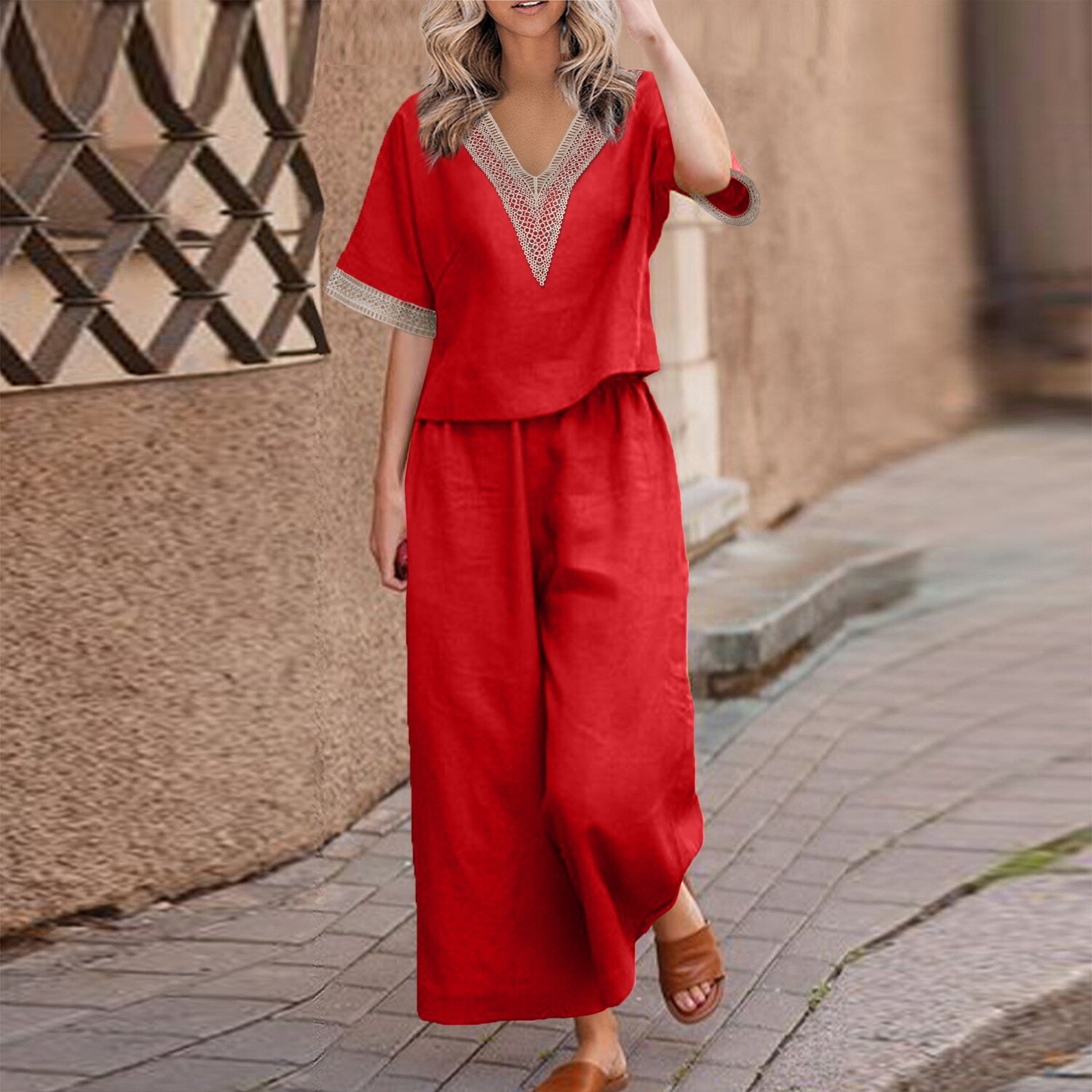 Loose Cotton Linen Lace  Shirt and Trousers Two-piece Set