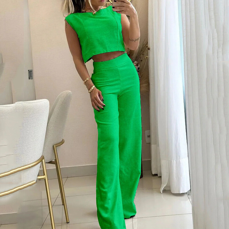 Straight Neck Sleeveless High Waist  Wide Leg Pants Set