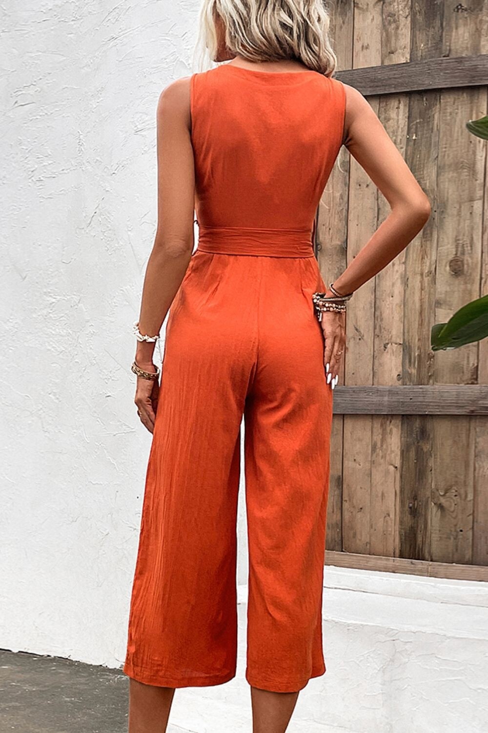 Tie belt sleeveless jumpsuit with pockets