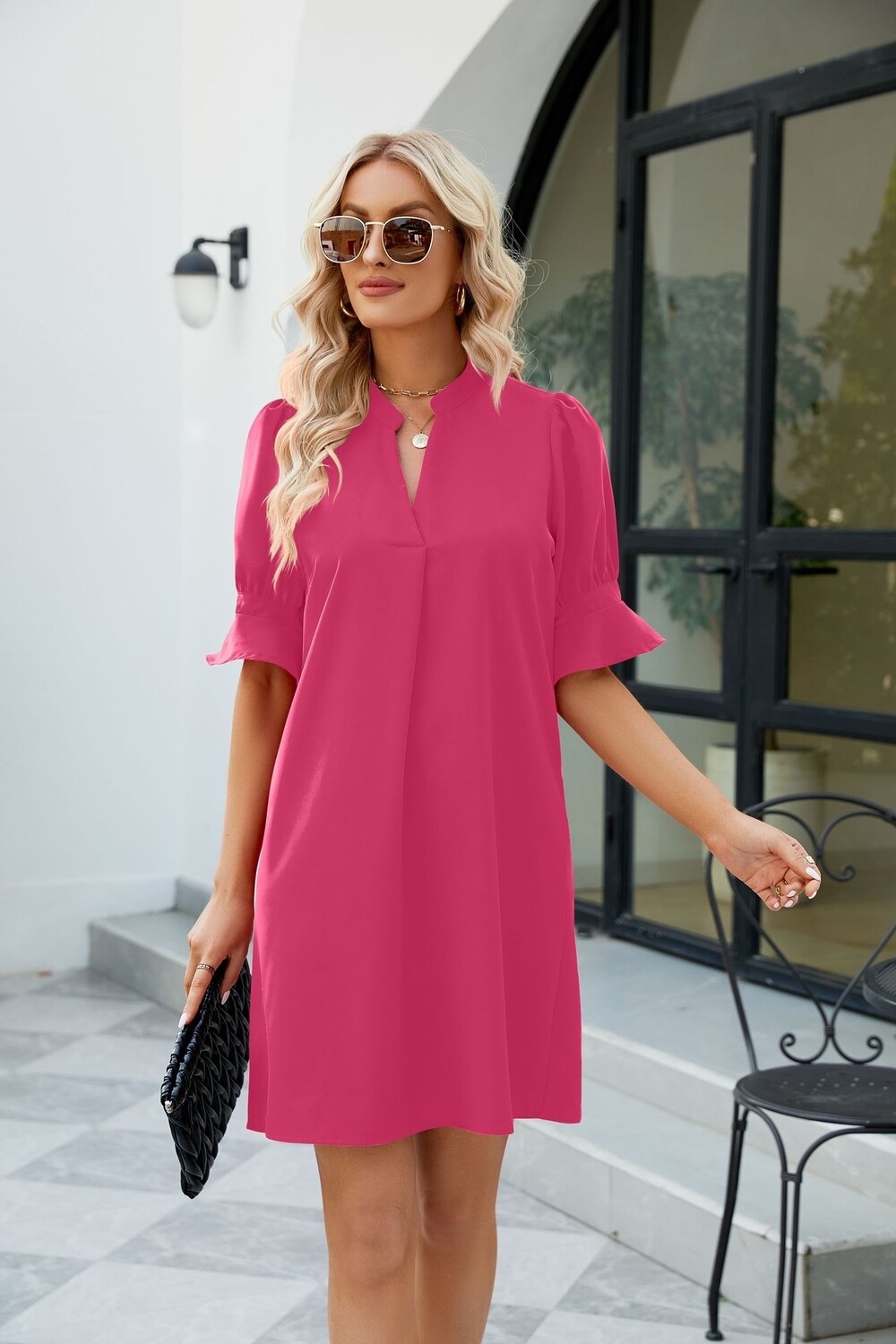 Notched Neck Flounce Sleeve Dress