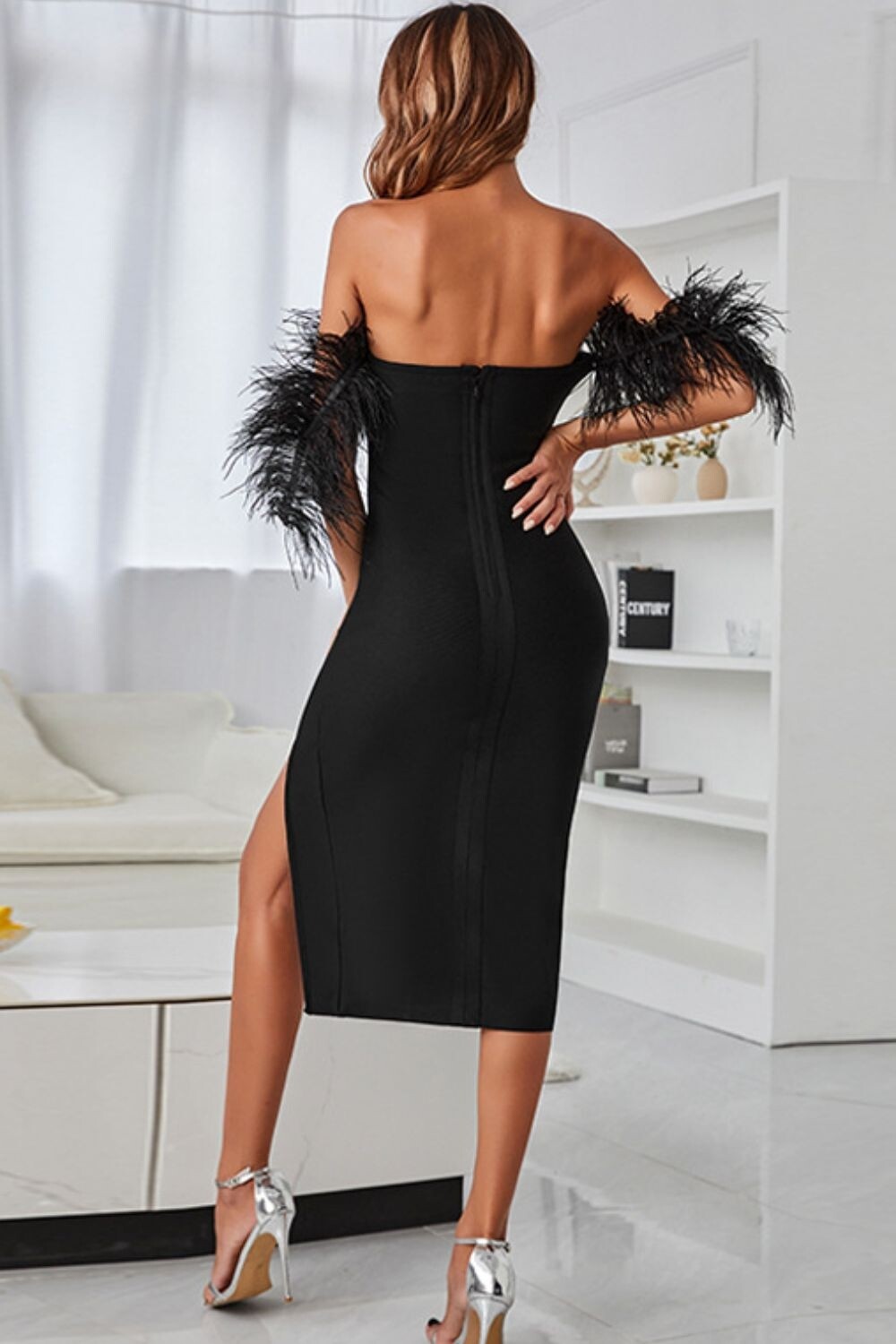 Feather Trim Off Shoulder Dress